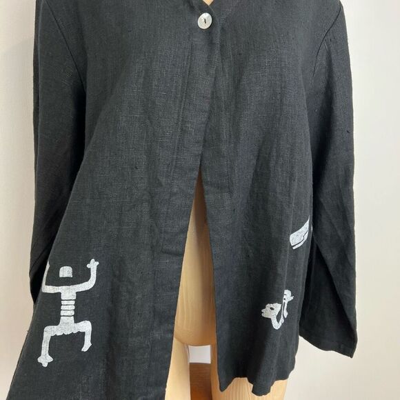 Vintage Positive Influence Women’s 14 Black 100% Linen Hieroglyphics Top Shirt - Picture 2 of 15